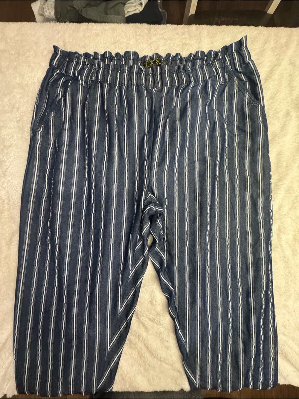 Striped Navy Straight-Leg Pull-On Pants